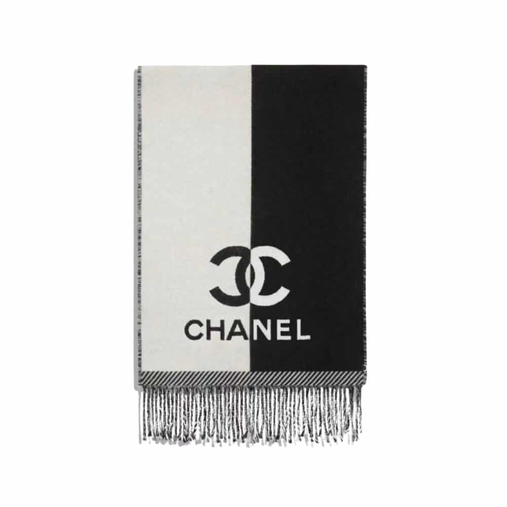 CHANEL LOGO CASHMERE MUFFLER SCARF BLACK AND WHITE