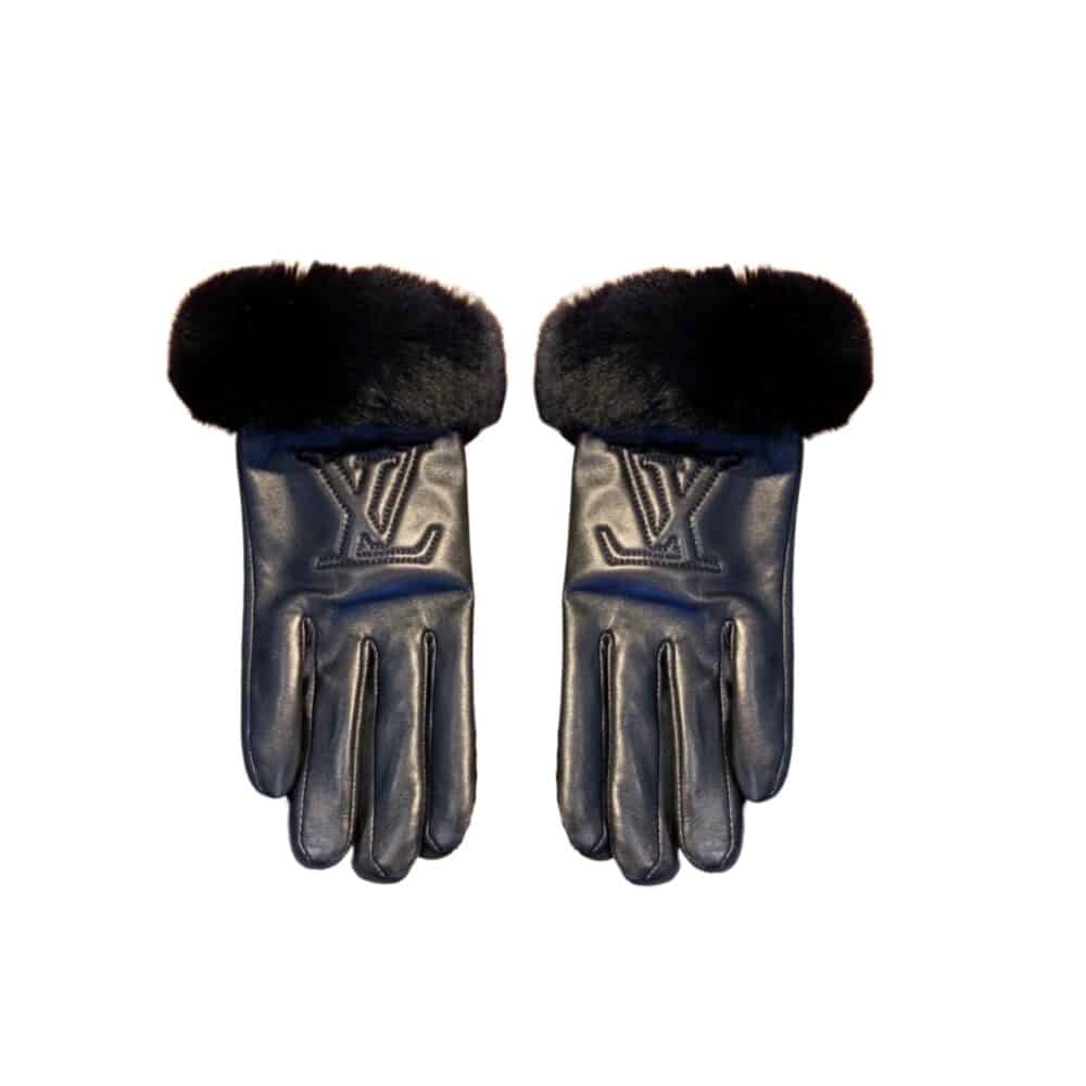LOUIS VUITTON LEATHER GLOVES LV EMBROIDERY WITH FUR BLACK