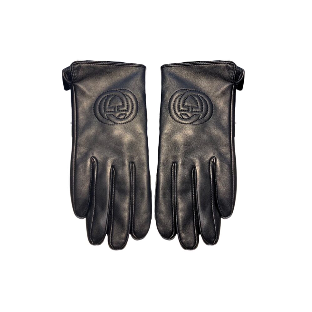 GUCCI GLOVES GG LOGO EMBROIDERY  LEATHER BLACK