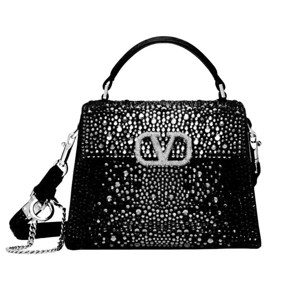 VALENTINO GARAVANI MINI VSLING HANDBAG WITH SPARKLING EMBROIDERY BLACK 19CM