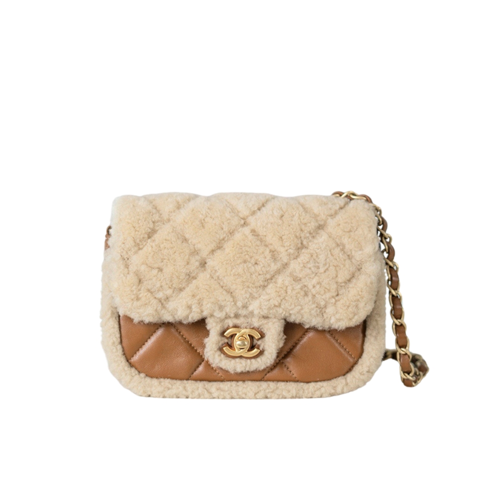 CHANEL MINI FLAP BAG SHEARLING BEIGE AND BROWN 18CM AS5148 B18194 NZW48