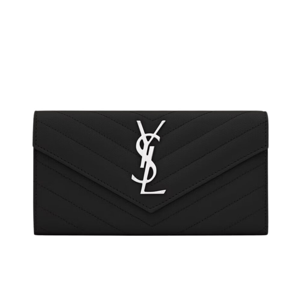 SAINT LAURENT CASSANDRE MATELASSÉ LARGE FLAP WALLET IN GRAIN DE POUDRE LEATHER BLACK 19CM