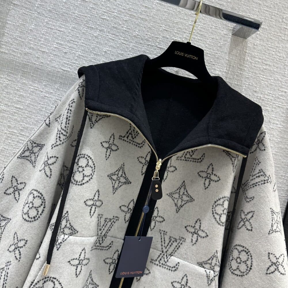 Alternative view of LOUIS VUITTON WOOL HOODED WRAP CAPE COAT GREY AND BLACK