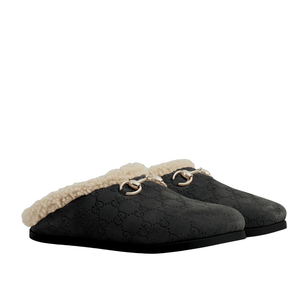 GUCCI WOMEN'S MULE WITH HORSEBIT GG SUEDE IN BLACK