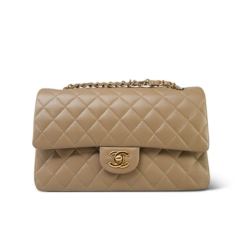CHANEL MEDIUM CLASSIC DOUBLE FLAP BEIGE GOLD HARDWARE 25CM