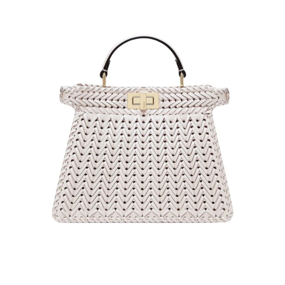 FENDI PEEKABOO ISEEU CAMELLIA INTERLACE LEATHER BAG WHITE 28CM
