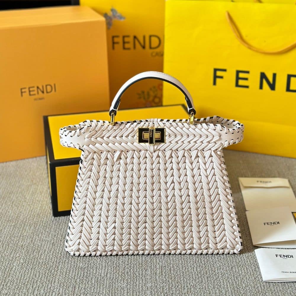 Alternative view of FENDI PEEKABOO ISEEU CAMELLIA INTERLACE LEATHER BAG WHITE 28CM