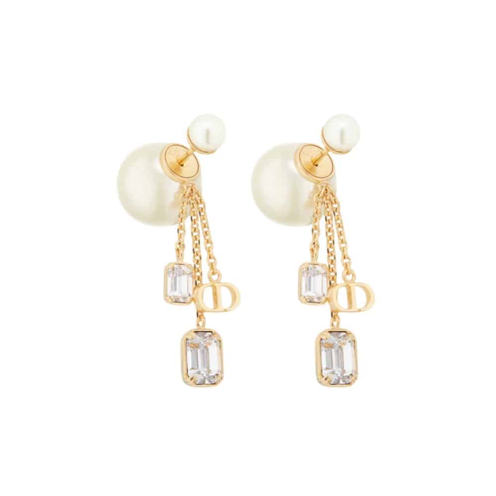 DIOR TRIBALES EARRINGS GOLD FINISH METAL WITH WHITE RESIN PEARLS AND SILVER TONE CRYSTALS