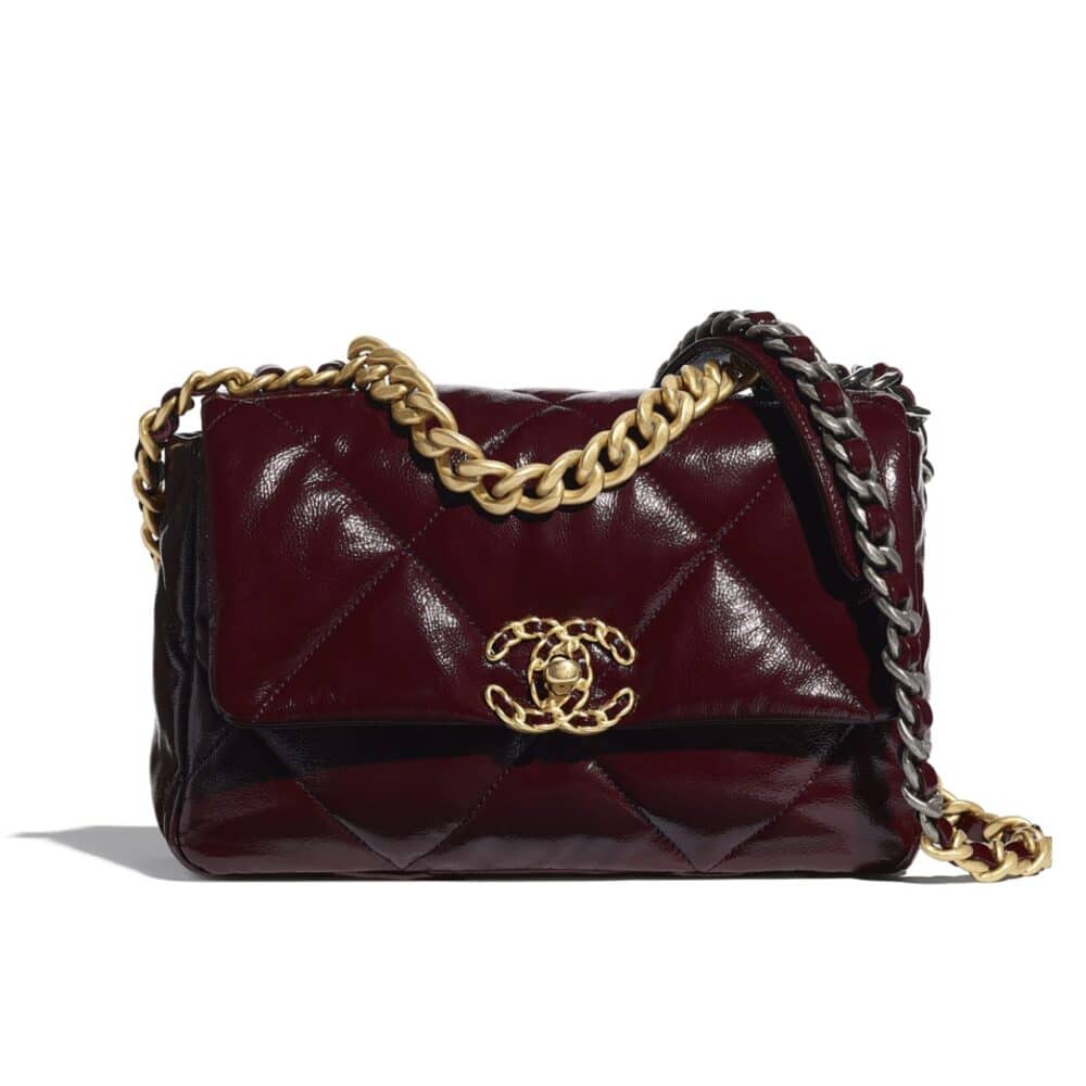 CHANEL 19 FLAP BAG SHINY CRUMPLED BURGUNDY 22CM