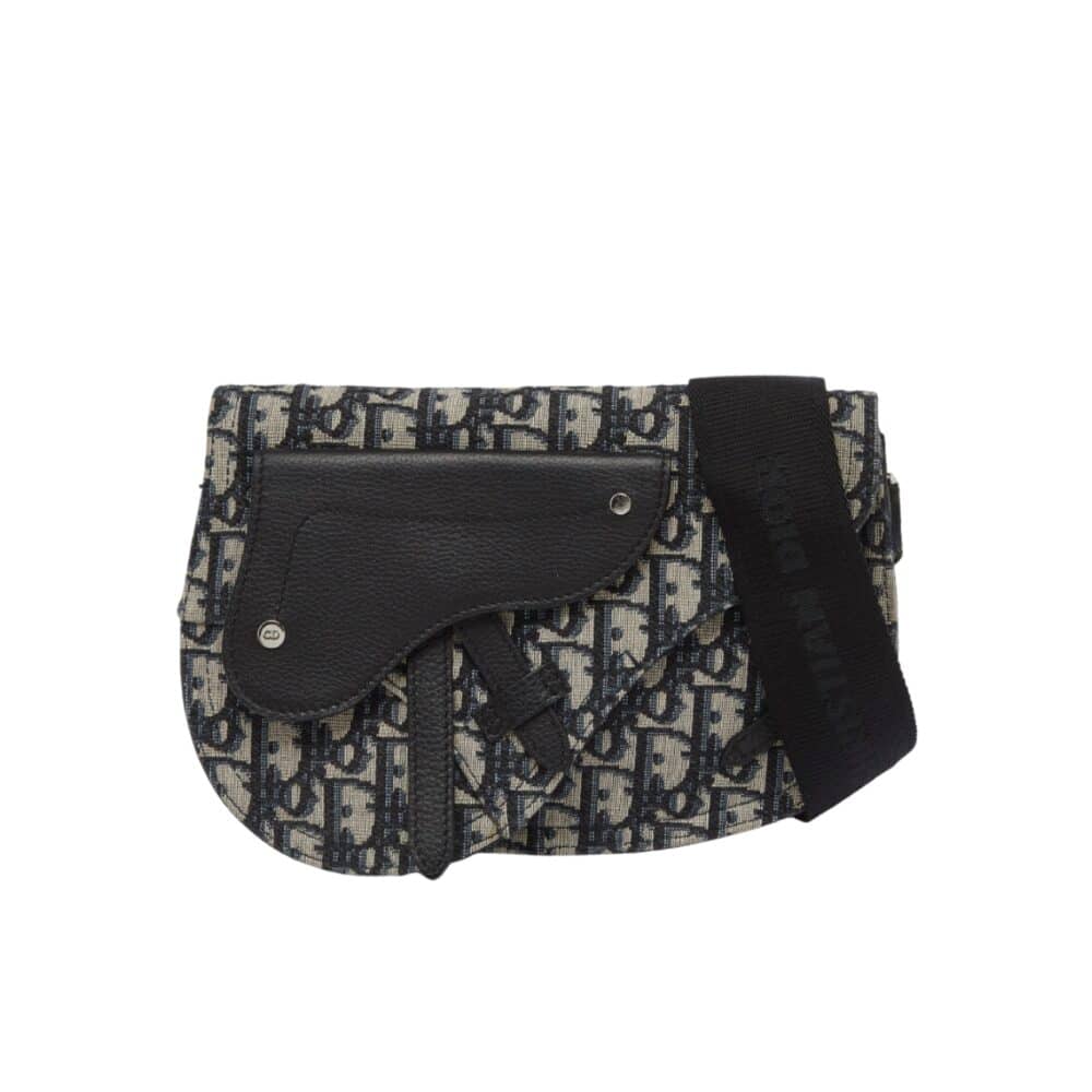 DIOR OBLIQUE CANVAS AND LEATHER SADDLE POUCH BAG BLACK 23CM