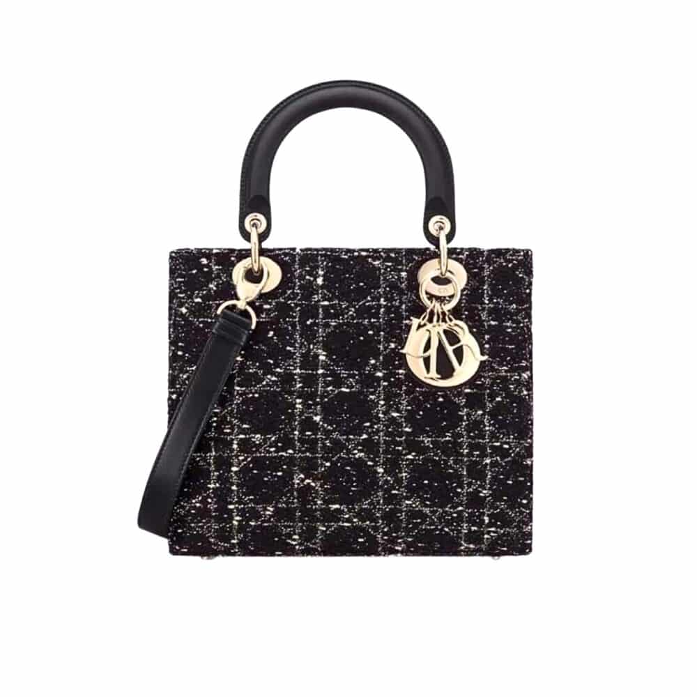 DIOR MEDIUM LADY D LITE CANNAGE TWEED BLACK 20CM
