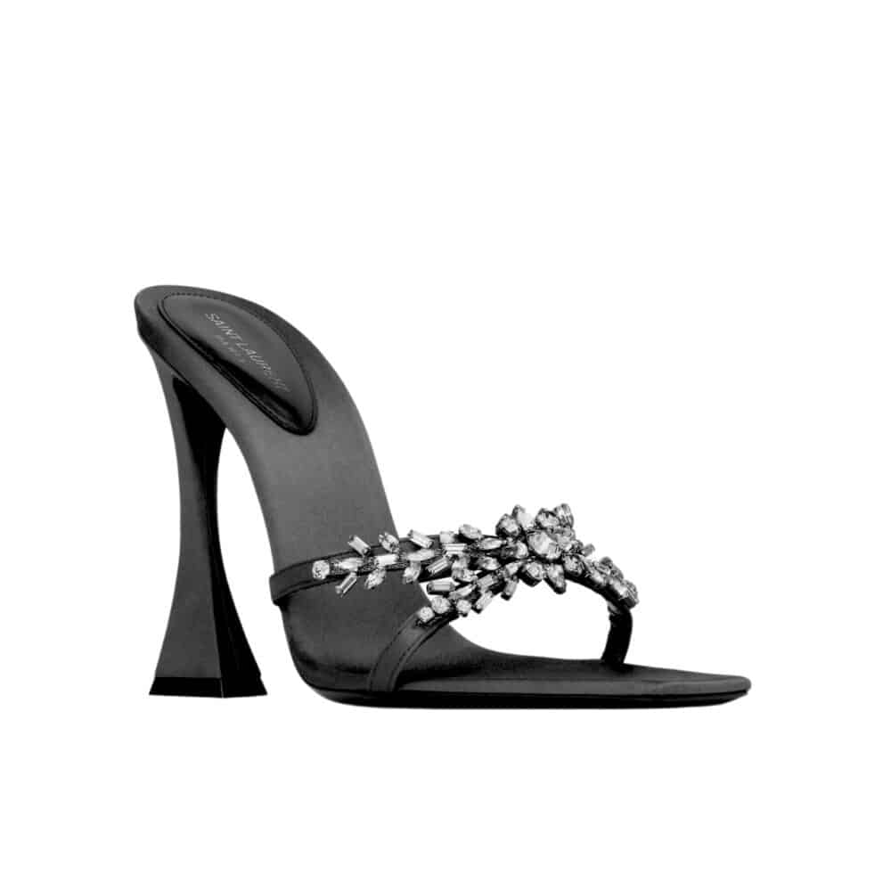 SAINT LAURENT LIZ MULES IN SATIN AND RHINESTONES BLACK