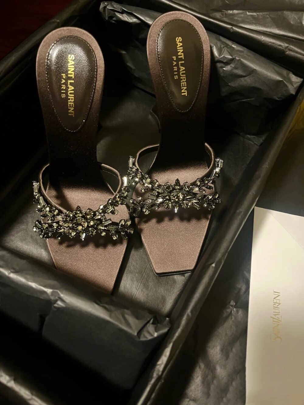 SAINT LAURENT LIZ MULES IN SATIN AND RHINESTONES BLACK - Image 7