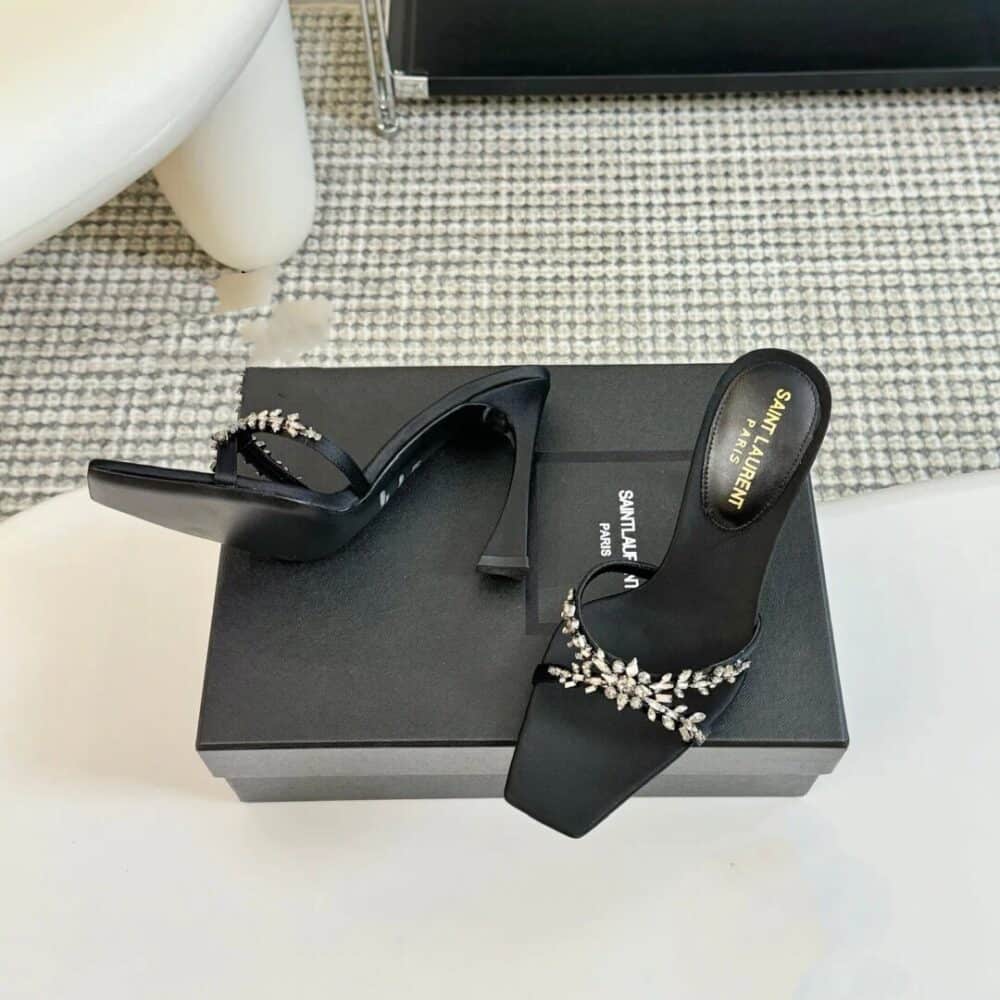 SAINT LAURENT LIZ MULES IN SATIN AND RHINESTONES BLACK - Image 5
