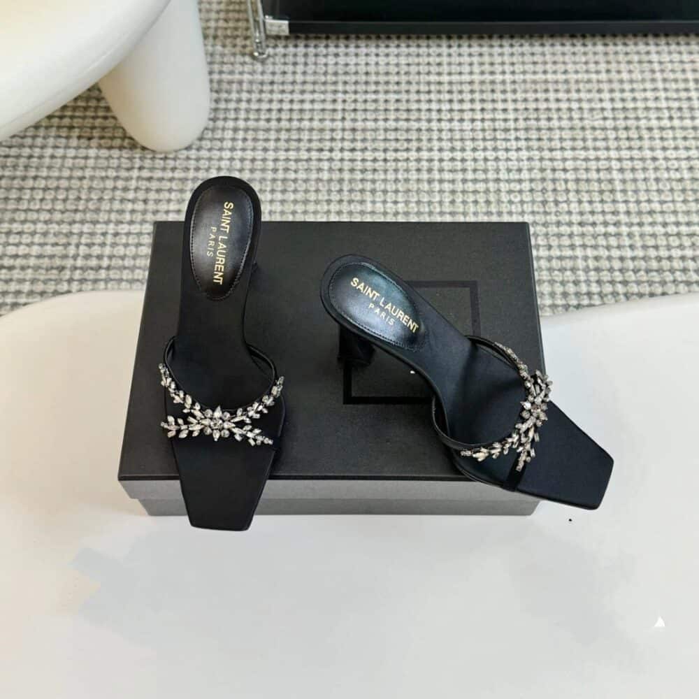 SAINT LAURENT LIZ MULES IN SATIN AND RHINESTONES BLACK - Image 4