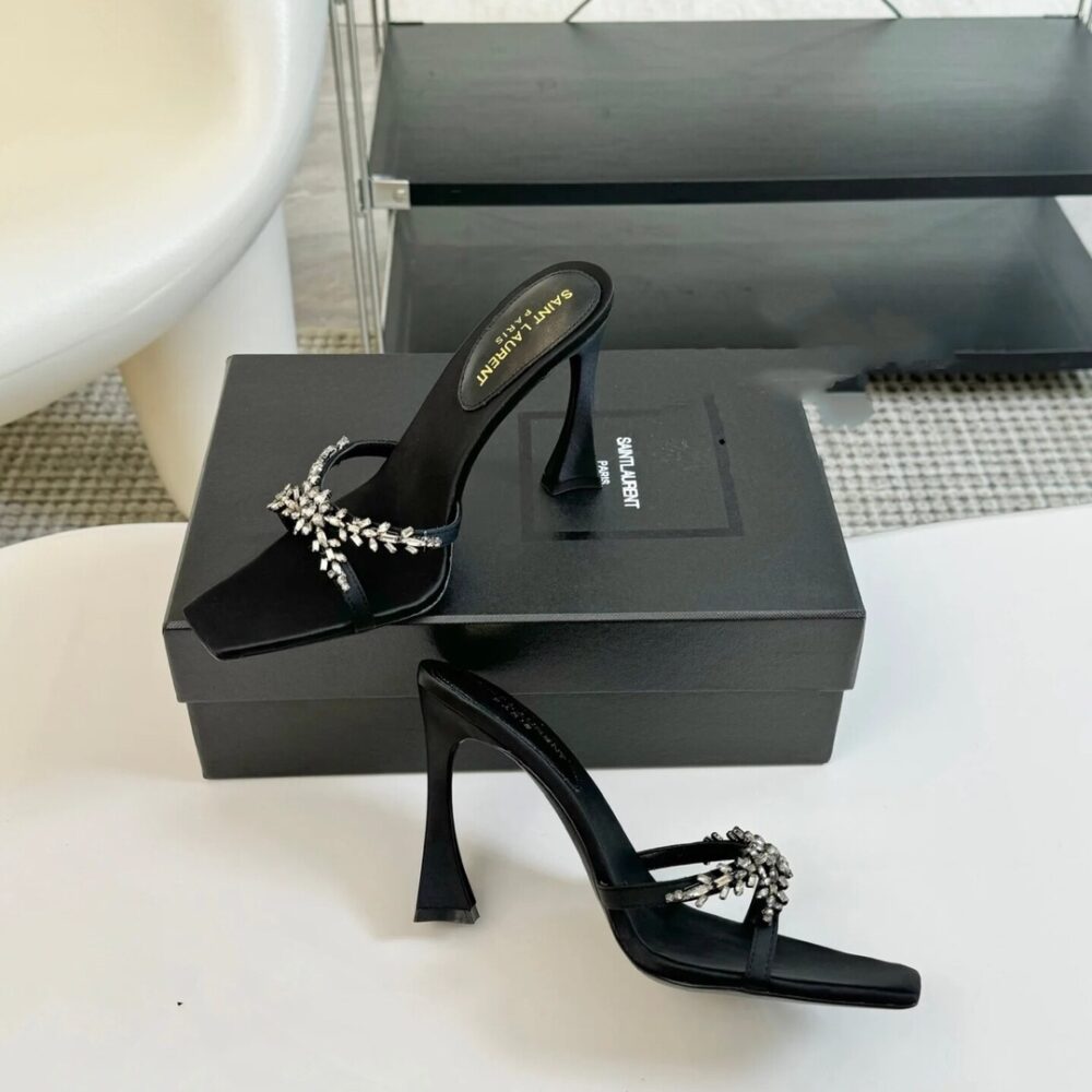 SAINT LAURENT LIZ MULES IN SATIN AND RHINESTONES BLACK - Image 3