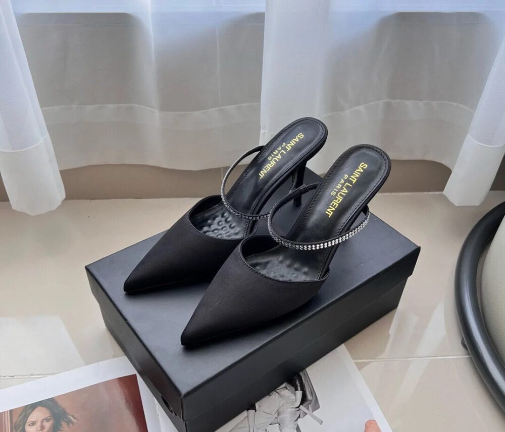 SAINT LAURENT BARBARA MULES SATIN AND RHINESTONES IN BLACK 7997159QN0A1021 - Image 4