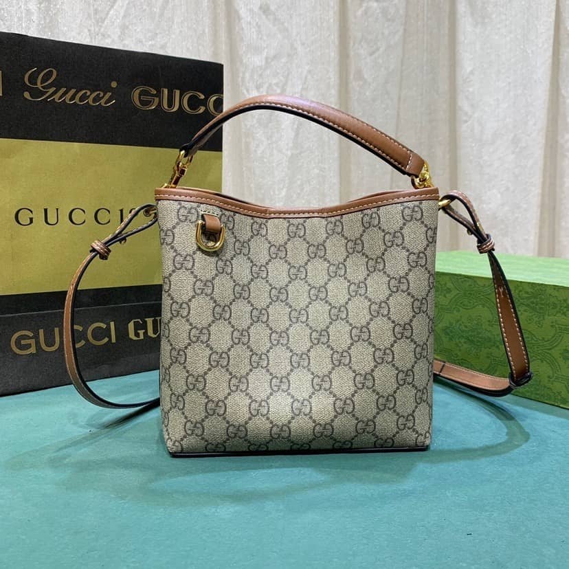 GUCCI GG EMBLEM MINI BUCKET BAG BEIGE AND DARK BROWN 21CM 815118 FAD6L 9758 - Image 5