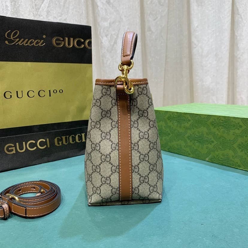 GUCCI GG EMBLEM MINI BUCKET BAG BEIGE AND DARK BROWN 21CM 815118 FAD6L 9758 - Image 4
