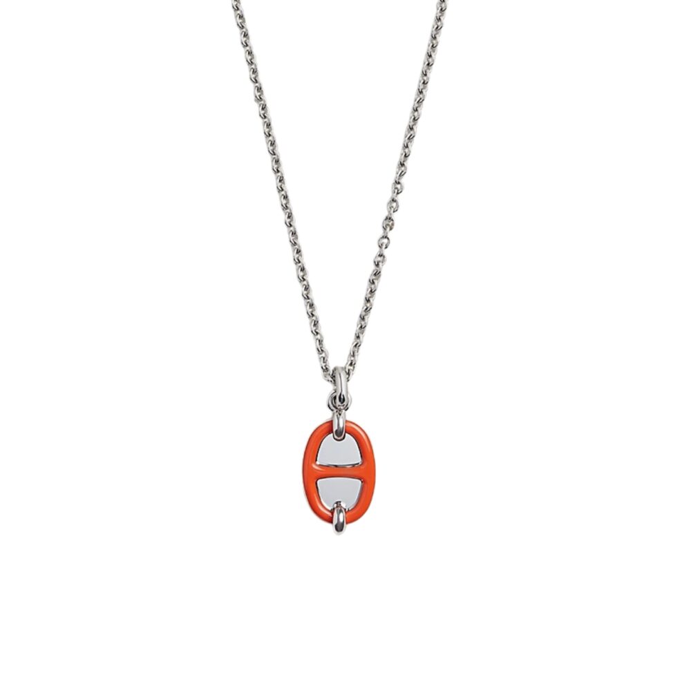 HERMES MINI MAILLON PENDANT SMALL MODEL NECKLACE SILVER TONE WITH ORANGE H100053FPD1