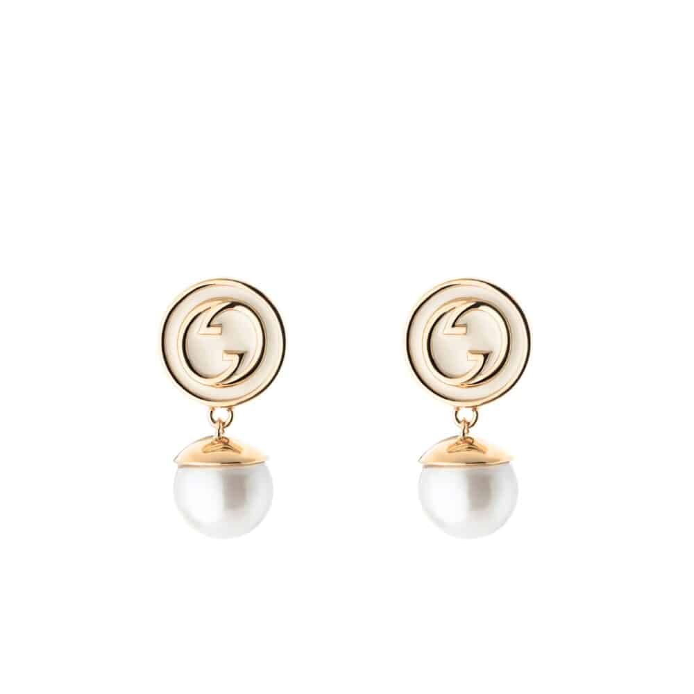 GUCCI BLONDIE PEARL DROP EARRINGS GOLD TONE 774612 I9757 8495