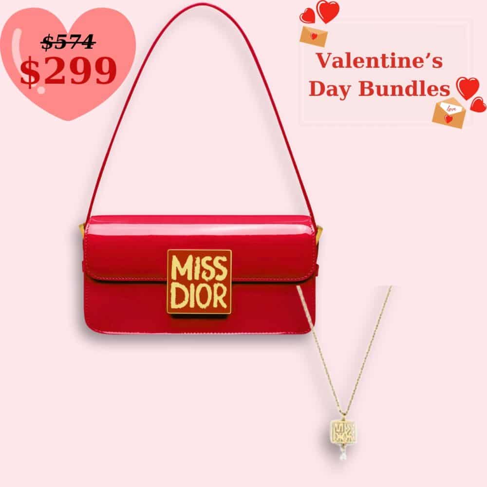 GIFT SET: DIOR MISS DIOR FLAP BAG RED & NECKLACE GOLD