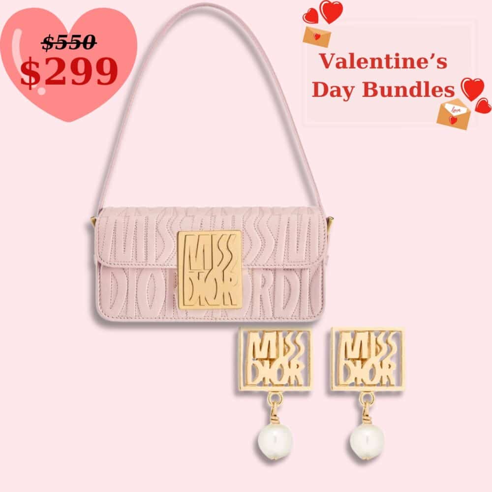 GIFT SET: DIOR MISS DIOR ALLOVER FLAP BAG PALE PINK & EARRINGS GOLD