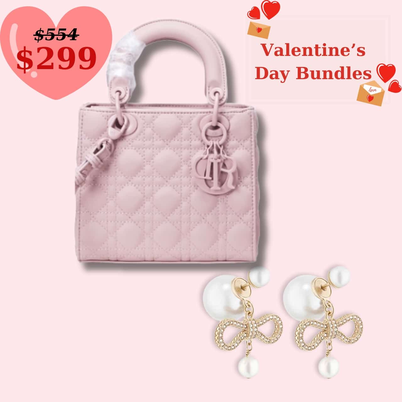 GIFT SET: DIOR LADY BAG PASTEL PINK & TRIBALES PEARLS EARRINGS