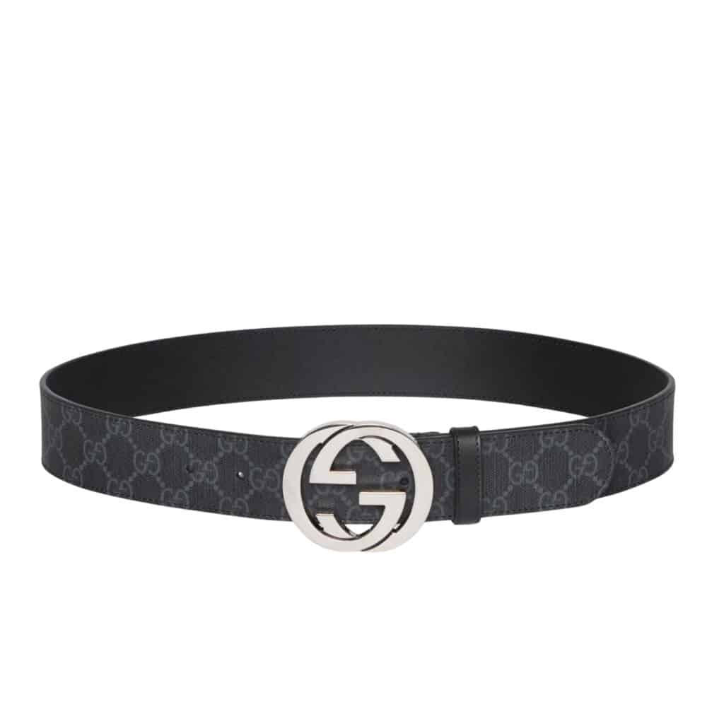 GUCCI GG SUPREME BELT WITH INTERLOCKING G BUCKLE BLACK GREY ‎411924 KGDHX 8449