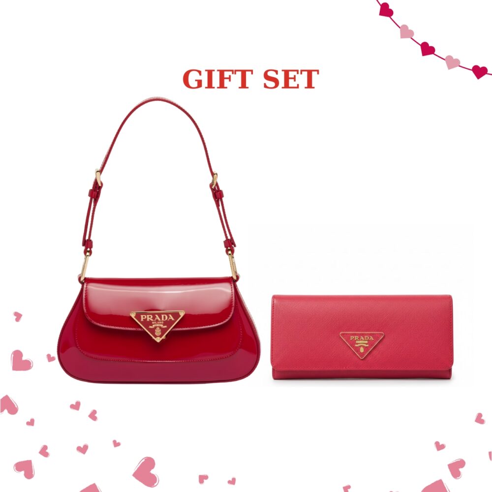GIFT SET: PRADA PATENT SHOULDER BAG CHERRY RED & SAFFIANO WALLET RED