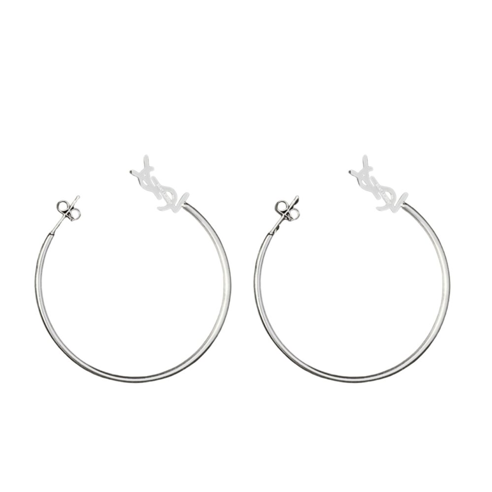 SAINT LAURENT YSL LOGO BIG ROUND EARRINGS SILVER TONE