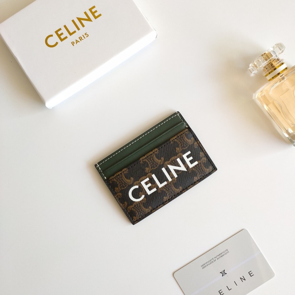 Alternative view of CELINE CARD HOLDER IN TRIOMPHE CANVAS WITH CELINE PRINT GREEN 10CM