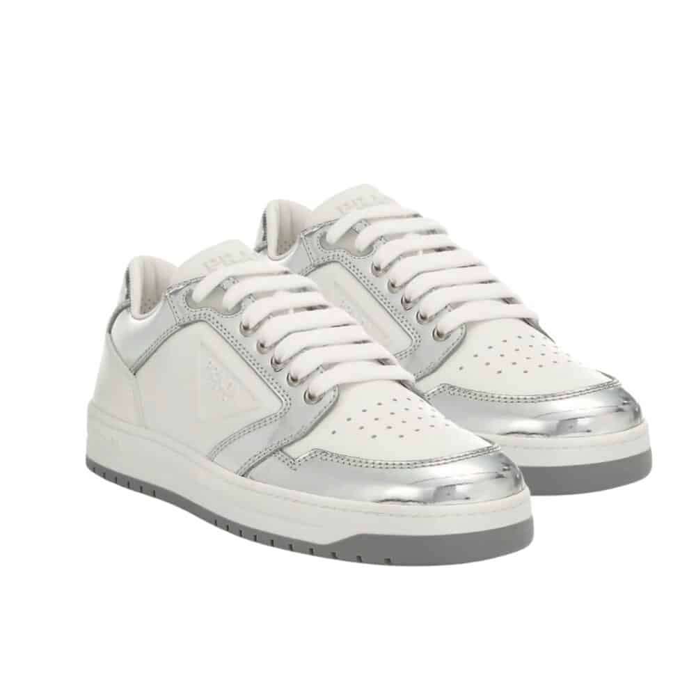PRADA DISTRICT LEATHER SNEAKERS WHITE SLIVER 1E790M 3LJ6 F0J36