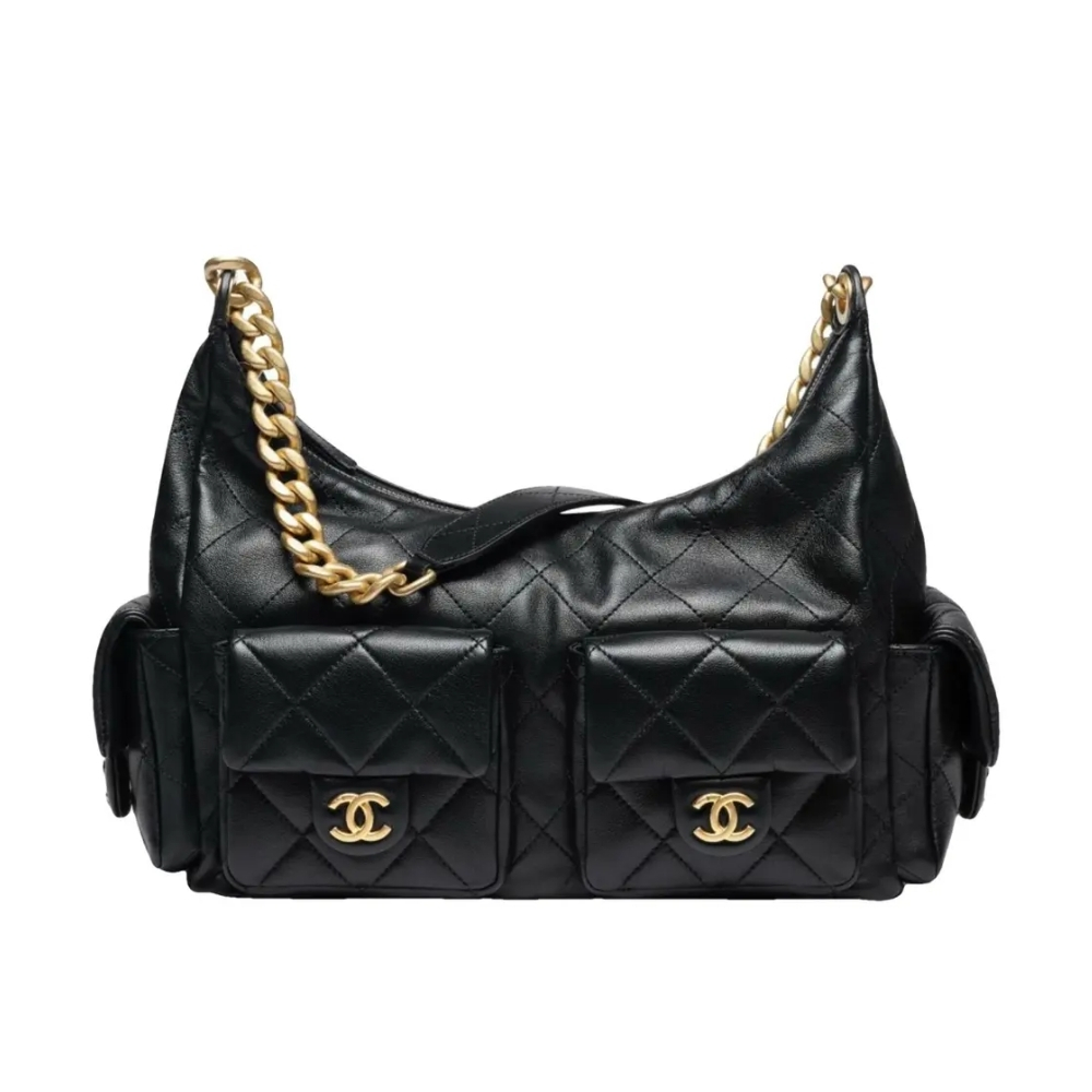 Chanel Large Hobo Bag Gold Tone Metal Black 31Cm