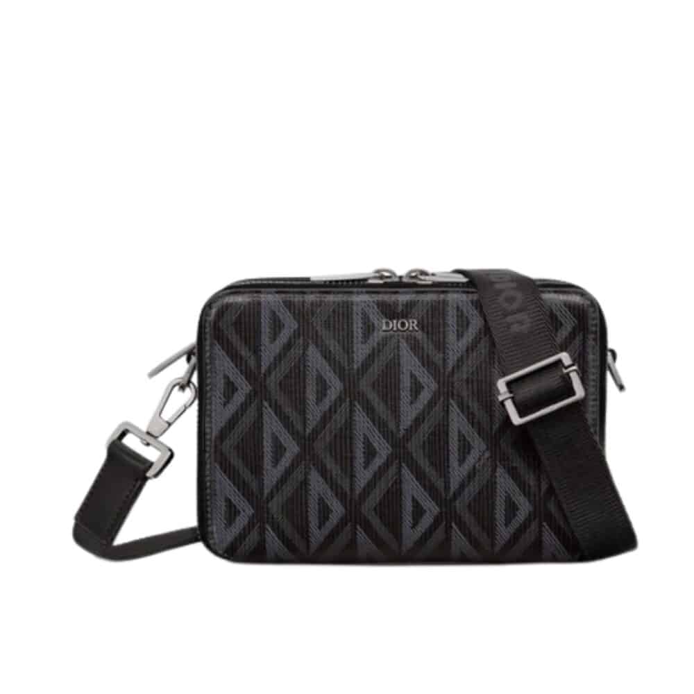 DIOR ZIPPED POUCH WITH STRAP DIOR BLACK COATED COTTON CANVAS WITH CD DIAMOND PRINT 17CM