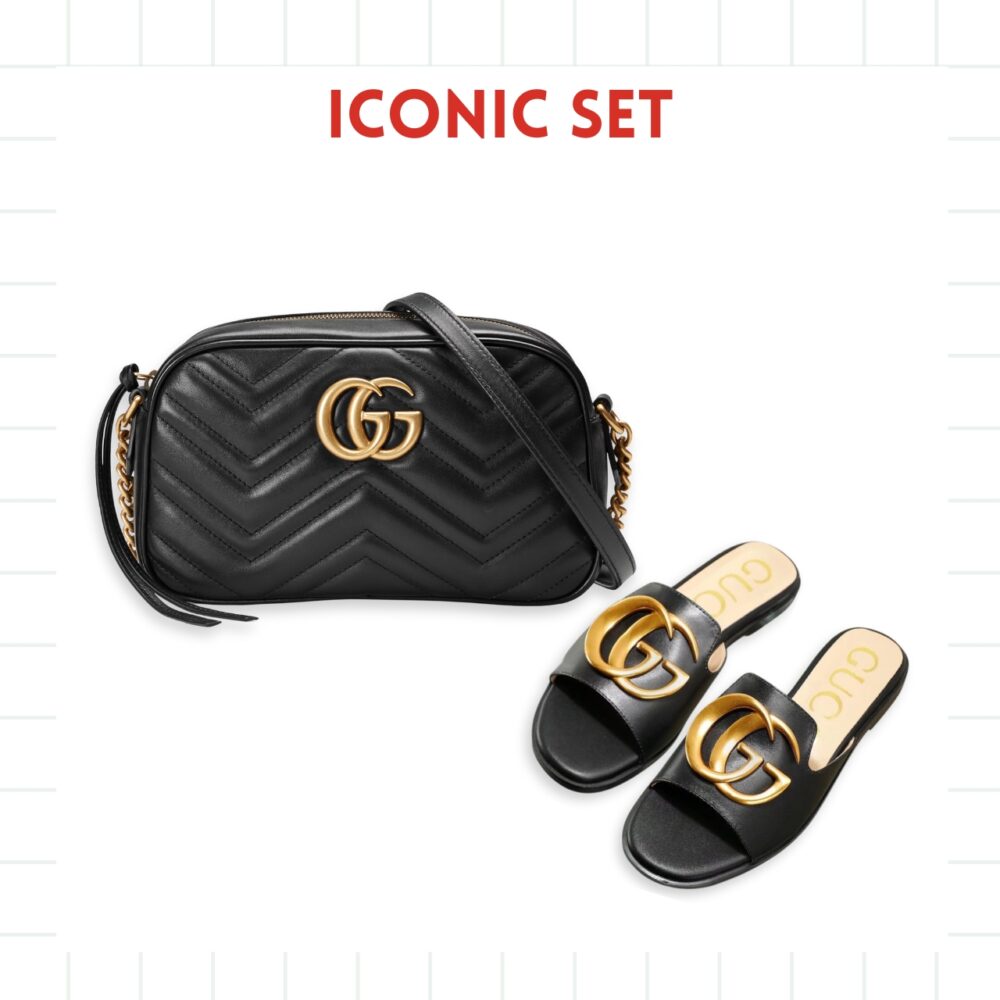 GIFT SET: GUCCI MARMONT SMALL MATELASSE SHOULDER BAG BLACK & PRINCETOWN GG SLIPPERS LEATHER BLACK