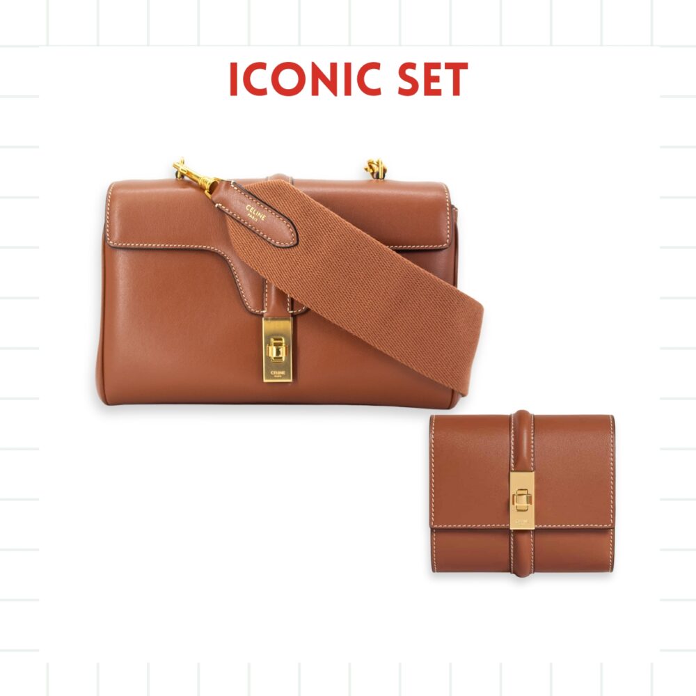 GIFT SET: CELINE TEEN SOFT 16 IN TAN & SMALL TRIFOLD WALLET 16 IN SATINATED TAN