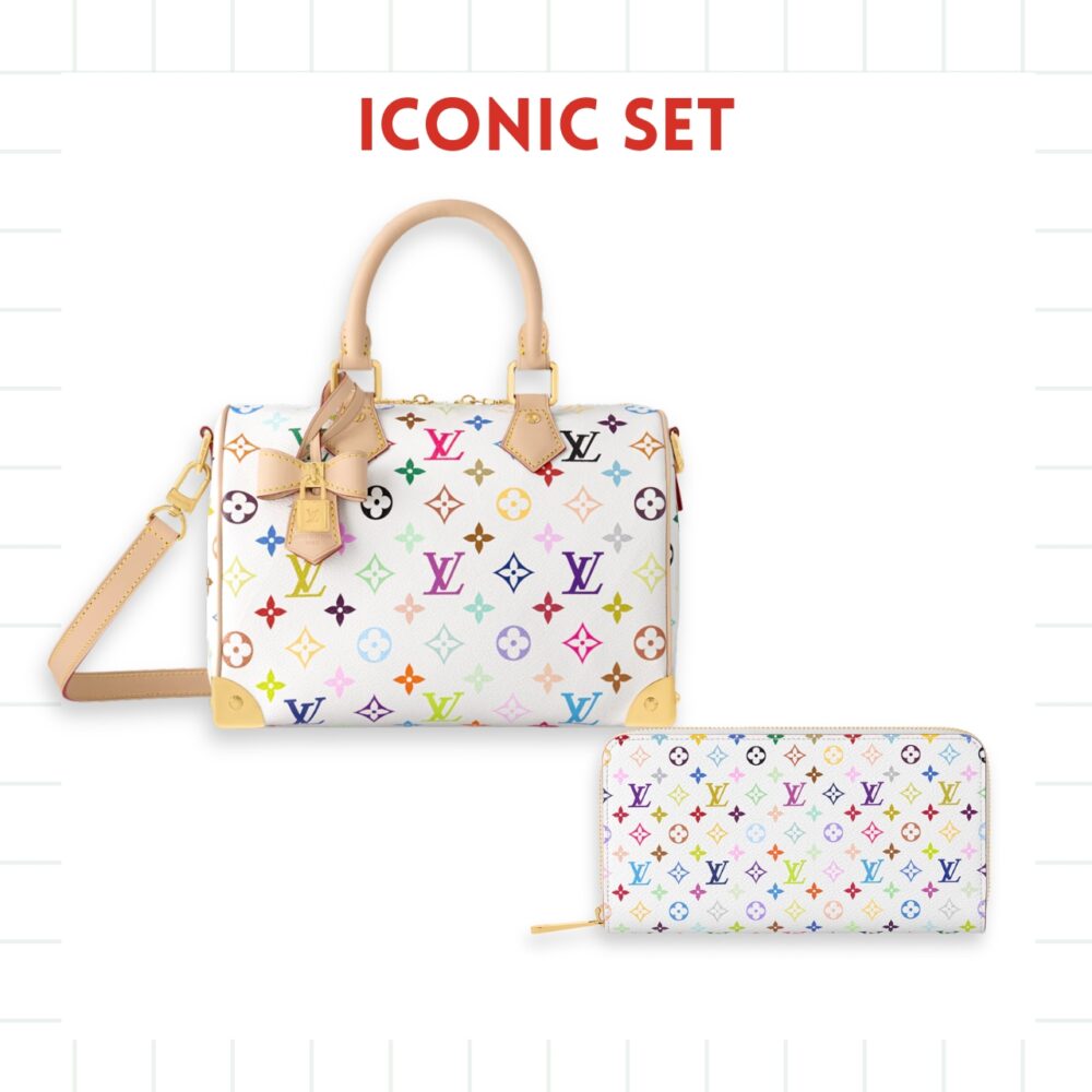 GIFT SET: LOUIS VUITTON X TAKASHI MURAKAMI SPEEDY BANDOULIERE WHITE & ZIPPY WALLET WHITE MULTICOLORED
