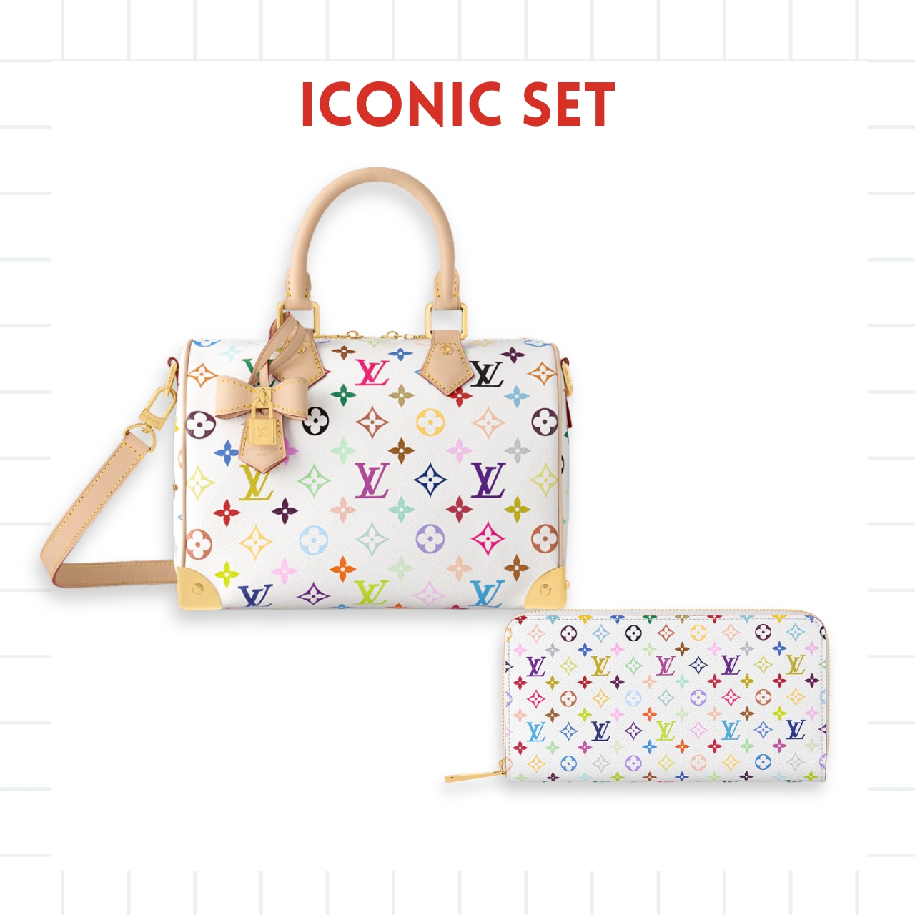 GIFT SET: LOUIS VUITTON X TAKASHI MURAKAMI SPEEDY BANDOULIERE WHITE & ZIPPY WALLET WHITE MULTICOLORED