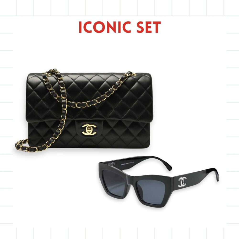 GIFT SET: CHANEL MEDIUM FLAP BAG BLACK & CAT EYE SUNGLASSES ACETATE AND NYLON BLACK