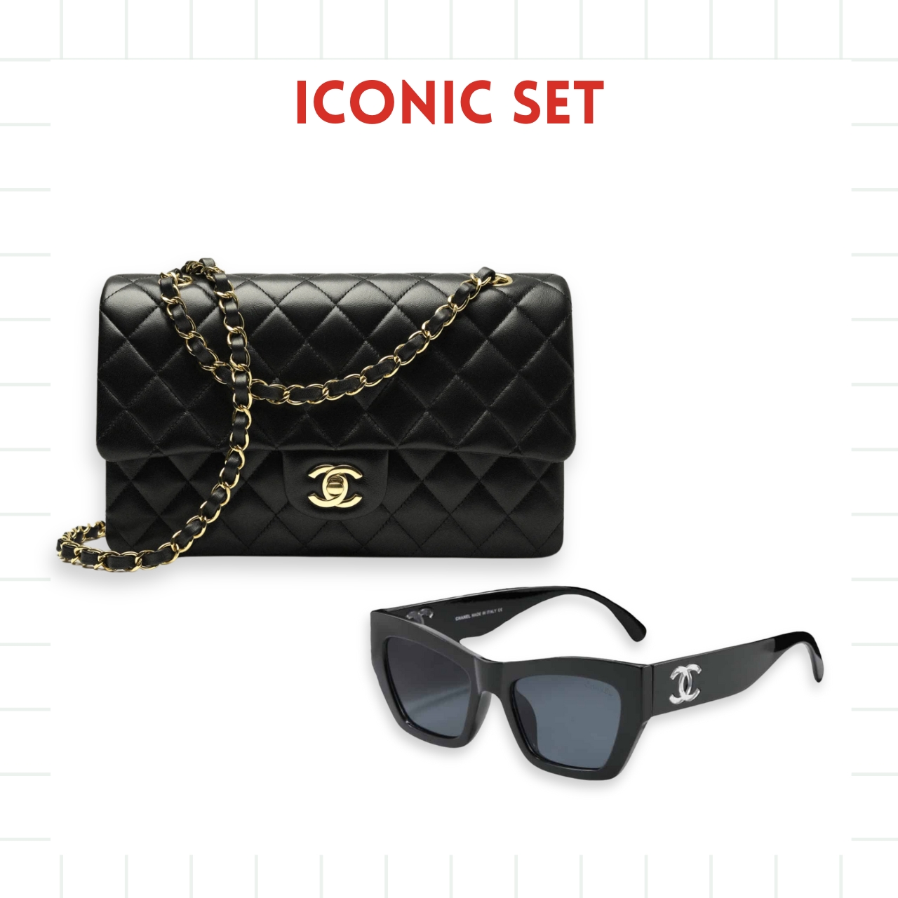 GIFT SET: CHANEL MEDIUM FLAP BAG BLACK & CAT EYE SUNGLASSES ACETATE AND NYLON BLACK