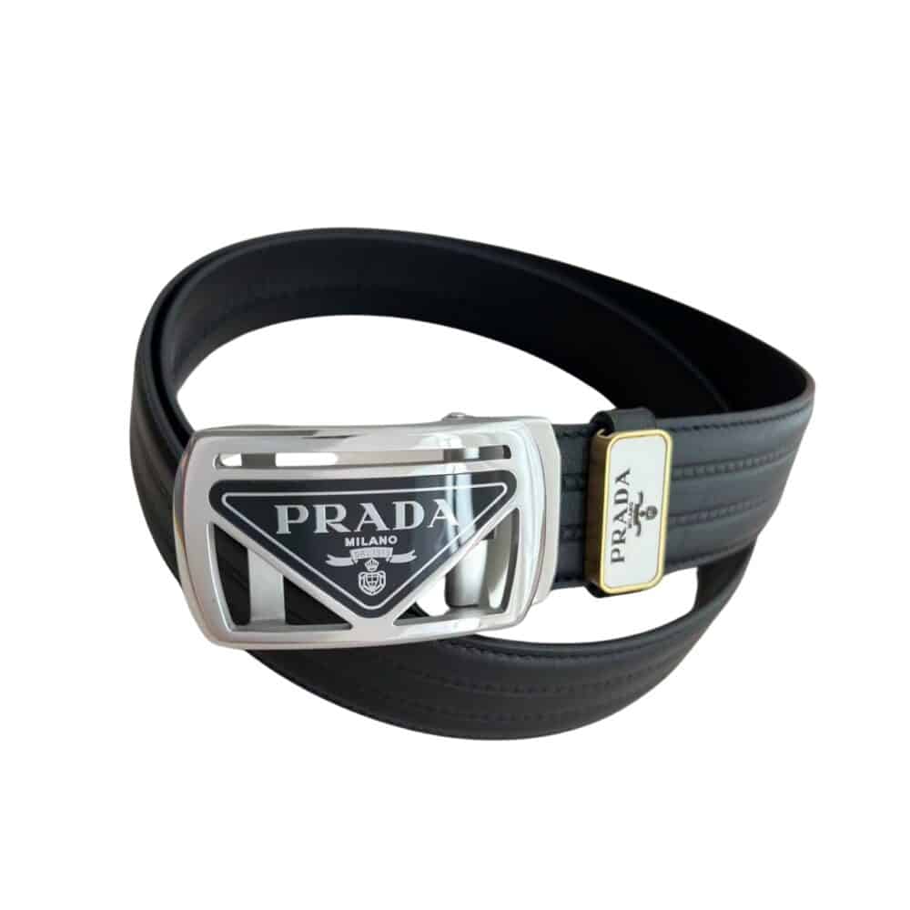 PRADA SAFFIANO LEATHER BELT SILVER HARDWARE IN BLACK