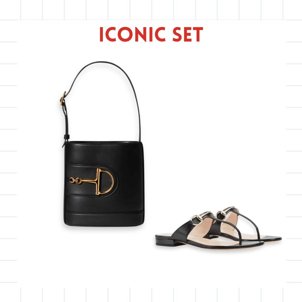 GIFT SET: GUCCI 73 SMALL BUCKET BAG BLACK & THONG SANDAL WITH HORSEBIT