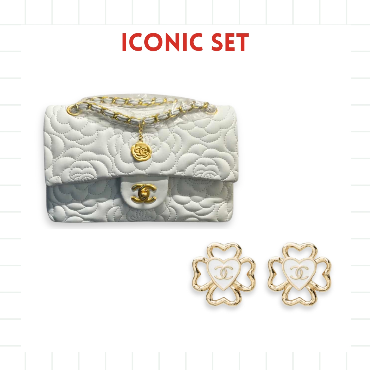 GIFT SET: CHANEL FLAP BAG CAMELLIA FLOWER WHITE & FOUR LEAF CLOVER HEART EARRINGS