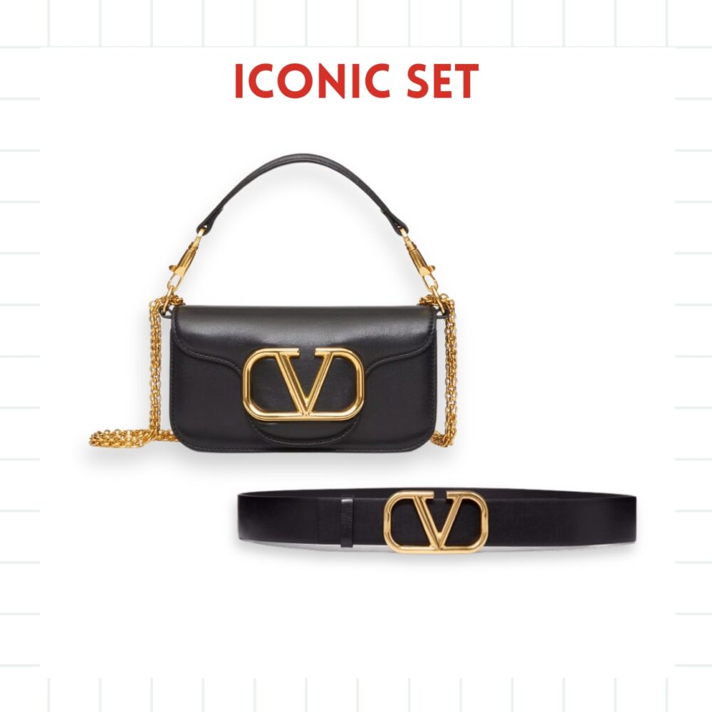 GIFT SET: VALENTINO LOCÒ SMALL SHOULDER BAG IN CALFSKIN BLACK & GARAVANI LEATHER BELT VLOGO REVERSIBLE BLACK