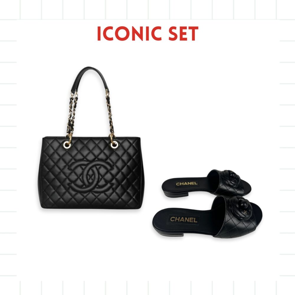 GIFT SET: CHANEL BOLSA GRAND TOTE BLACK & CAMELLIA LEATHER SLIDES BLACK