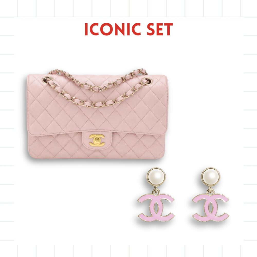GIFT SET: CHANEL CLASSIC MEDIUM FLAP BAG PINK AND GOLD & PENDANT EARRINGS PEARLY WHITE AND PINK