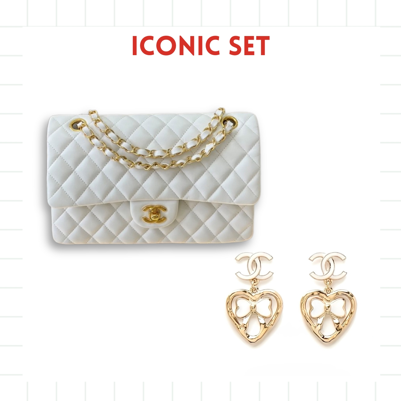 GIFT SET: CHANEL CLASSIC MEDIUM HANDBAG WHITE & EARRINGS WITH CC LOGO