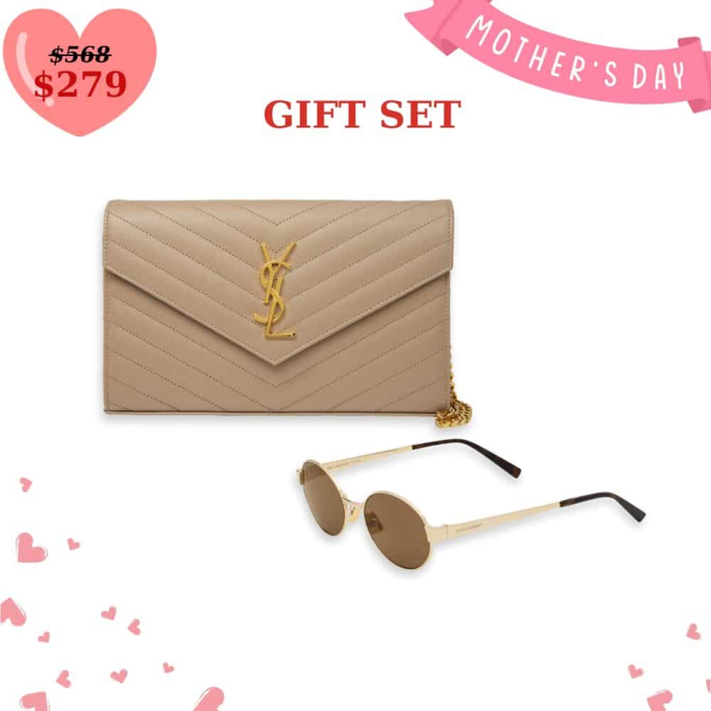 GIFT SET: SAINT LAURENT CASSANDRE MATELASSÉ CHAIN WALLET IN GRAIN DE POUDRE EMBOSSED BEIGE & SL 692 LIGHT GOLD AND BROWN