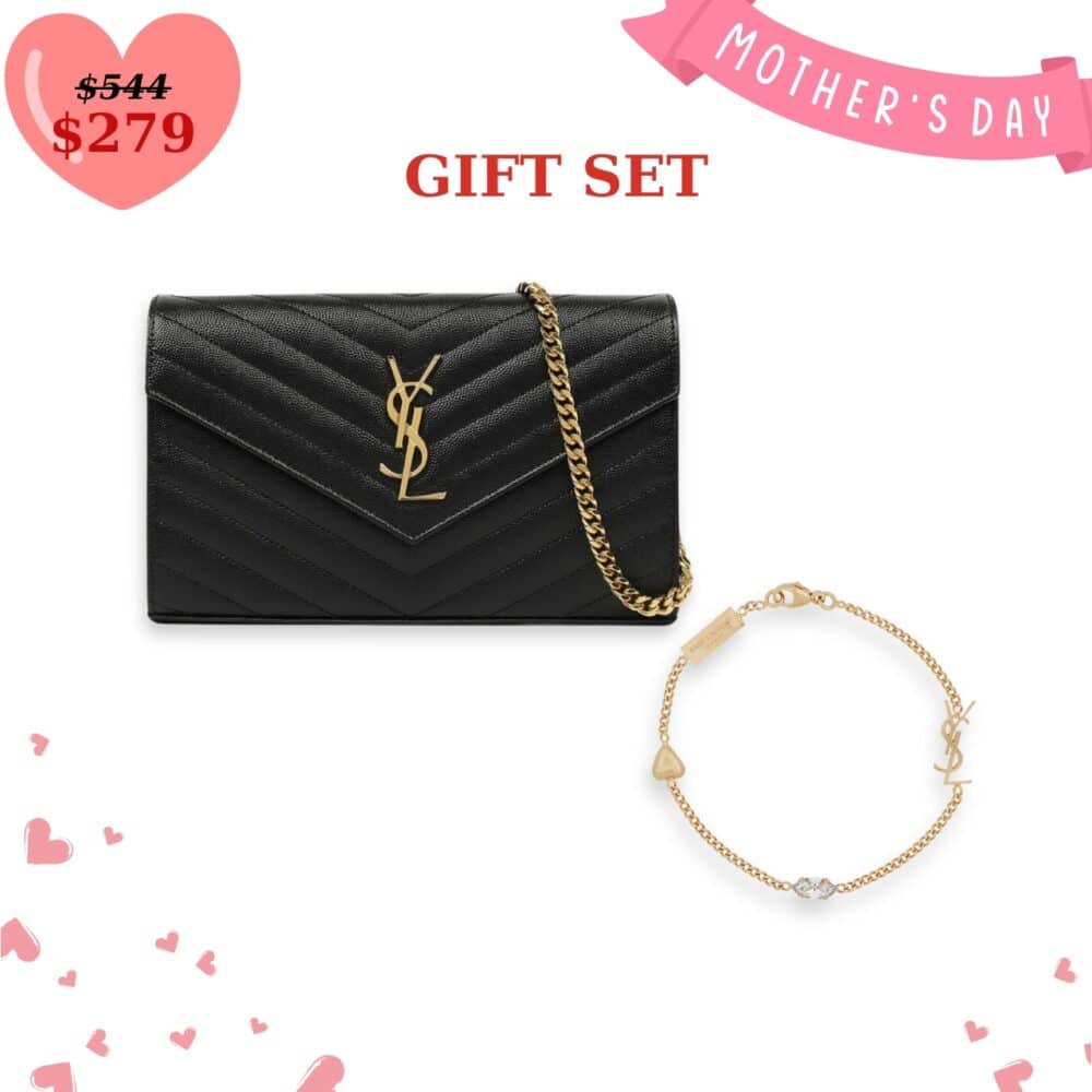 GIFT SET: SAINT LAURENT CASSANDRE MATELASSÉ CHAIN WALLET IN GRAIN DE POUDRE EMBOSSED BLACK GOLD & CASSANDRE HEART CHARM BRACELET GOLD